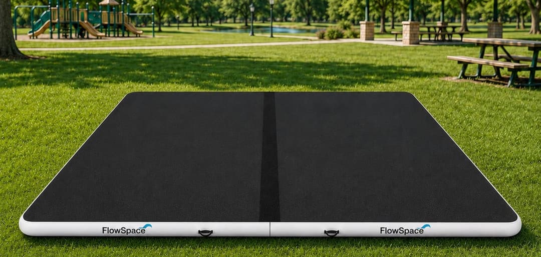 The 20 by 16 bundle, two mats joined end to end, set up on grass in a park