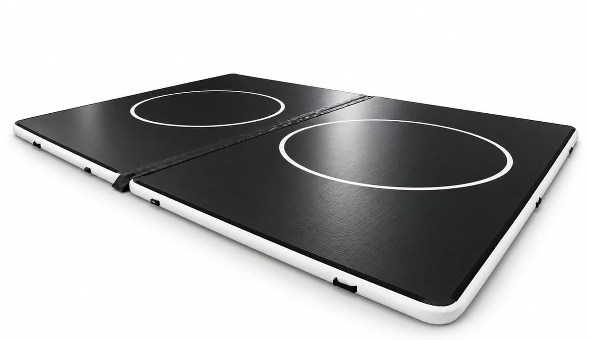 The 20 by 16 Arena Bundle, two black FlowMats with white competition circles joined edge to edge by the connector strip, on a white background