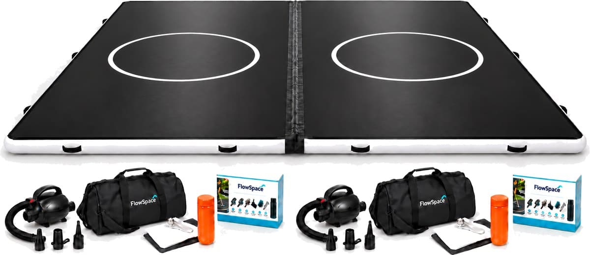 The complete 20 by 16 Arena bundle: two black Pro FlowMats joined by the velcro connector, with two electric pumps, two duffle bags and two repair kits