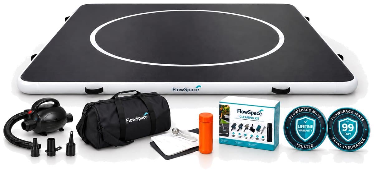 The complete 10 × 10 FlowMat bundle: the mat with an electric pump, duffle bag, repair kit, cleaning kit, lifetime warranty and 99 day trial insurance