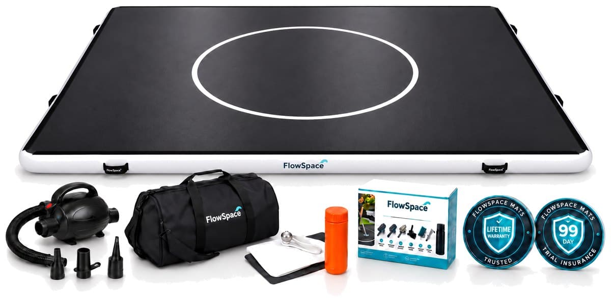 The complete 10 × 16 Pro bundle: the mat with an electric pump, duffle bag, repair kit, cleaning kit, lifetime warranty and 99 day trial insurance