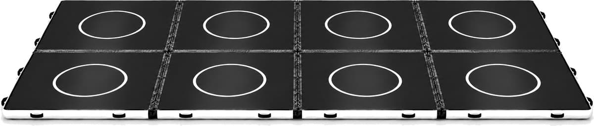 The 40 by 80 tournament floor: eight black Elite 20 by 20 FlowMats in two rows of four, joined with velcro connectors